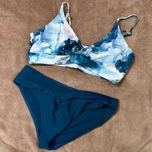 SHEIN Teal Marble Print & Deep Teal Bikini Set